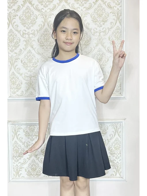 Áo cotton 100% Trắng viền xanh bích cho bé gái