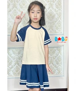 Bộ quần Áo cotton 100% mầu be phối tím than cho bé gái