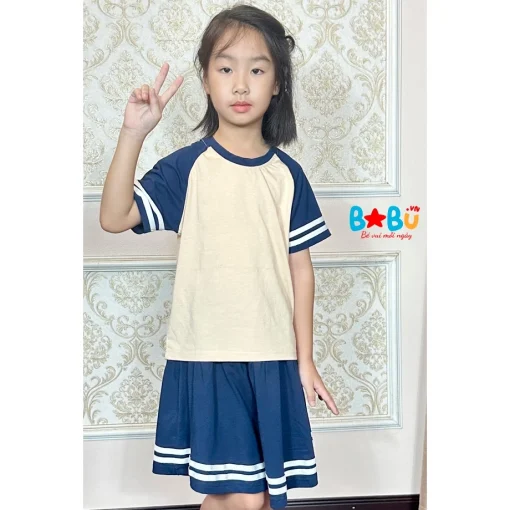 Bộ quần Áo cotton 100% mầu be phối tím than cho bé gái