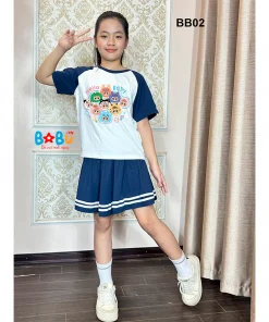 Bộ quần áo 100% cotton Baby Three trắng phối xanh đen đẹp cho bé gái - BB02