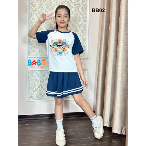 Bộ quần áo 100% cotton Baby Three trắng phối xanh đen đẹp cho bé gái - BB02