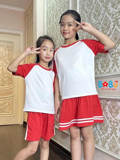Bộ quần áo cotton 100% Trắng phối đỏ cho bé gái