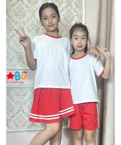 Bộ quần áo cotton 100% Trắng viền đỏ cho bé gái