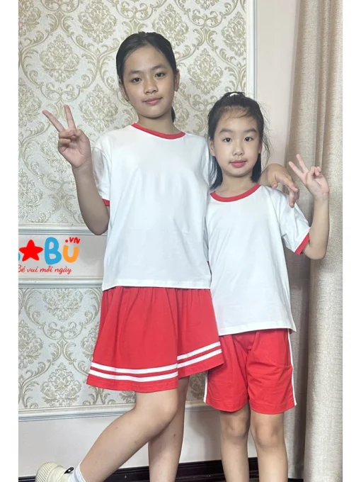 Bộ quần áo cotton 100% Trắng viền đỏ cho bé gái