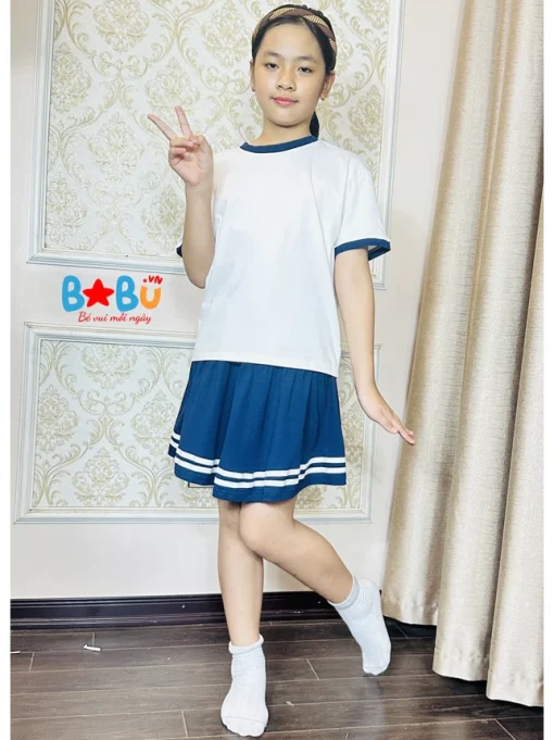 Bộ quần áo cotton 100% Trắng viền tím than cho bé gái